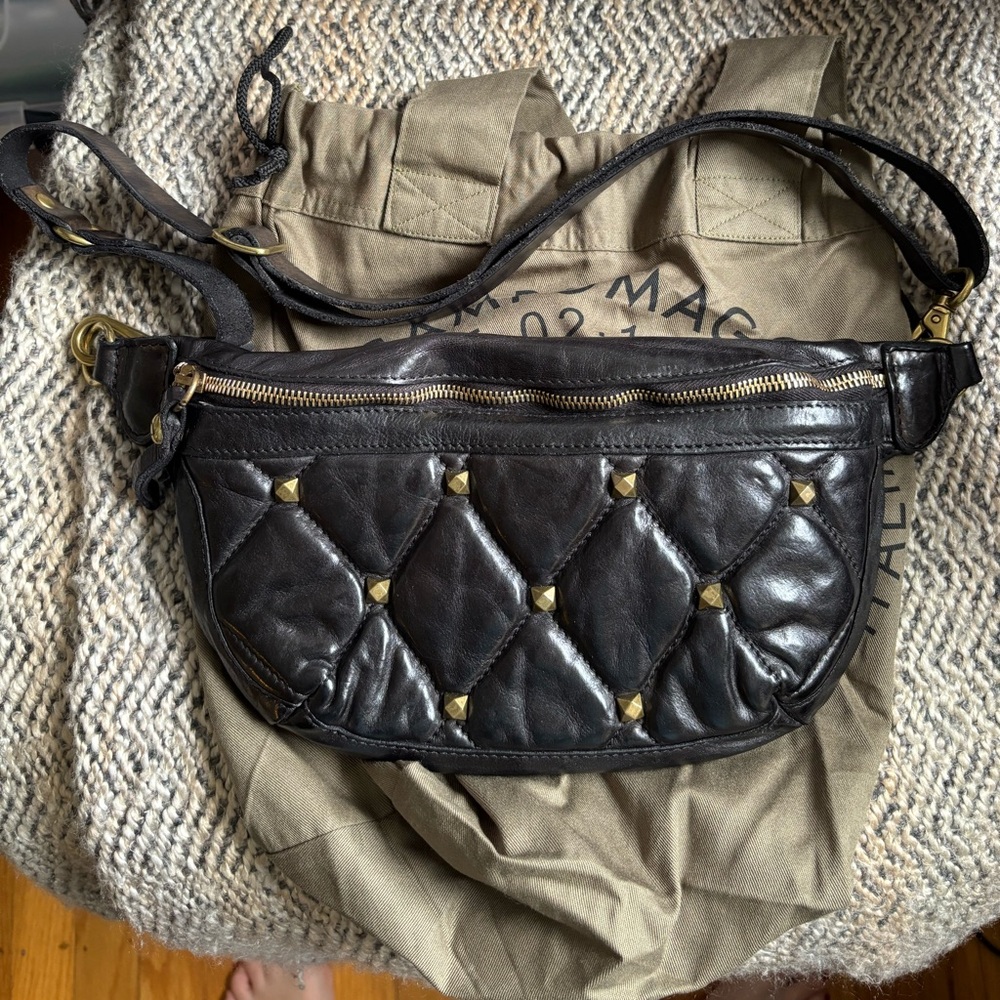 Campomaggi studded black sling + NSJ Creations plaid purple strap